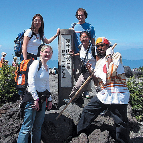 Kareem Douglas with classmates atop Mt. Fuji