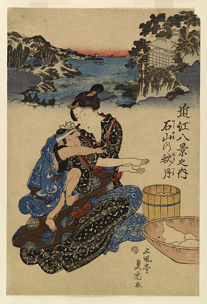 "Omi hakkei no uchi" by Sadatora (circa 1830), a mother and her child prepare roasted dango for the Tsukimi festival.
