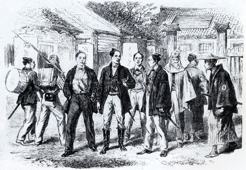 Samurai in western clothing of the Tokugawa Shogunate army. On the right side is a samurai with traditional Japanese clothing, 1866.