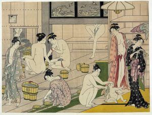 Woodcut print by Kiyonaga of a Japanese communal bath house.