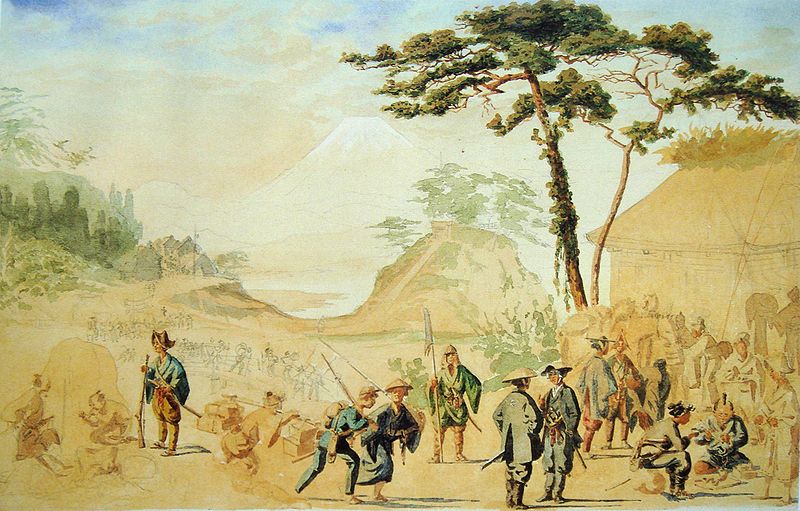 Bakufu troops near Mount Fuji in 1867. Painting by Jules Brunet.