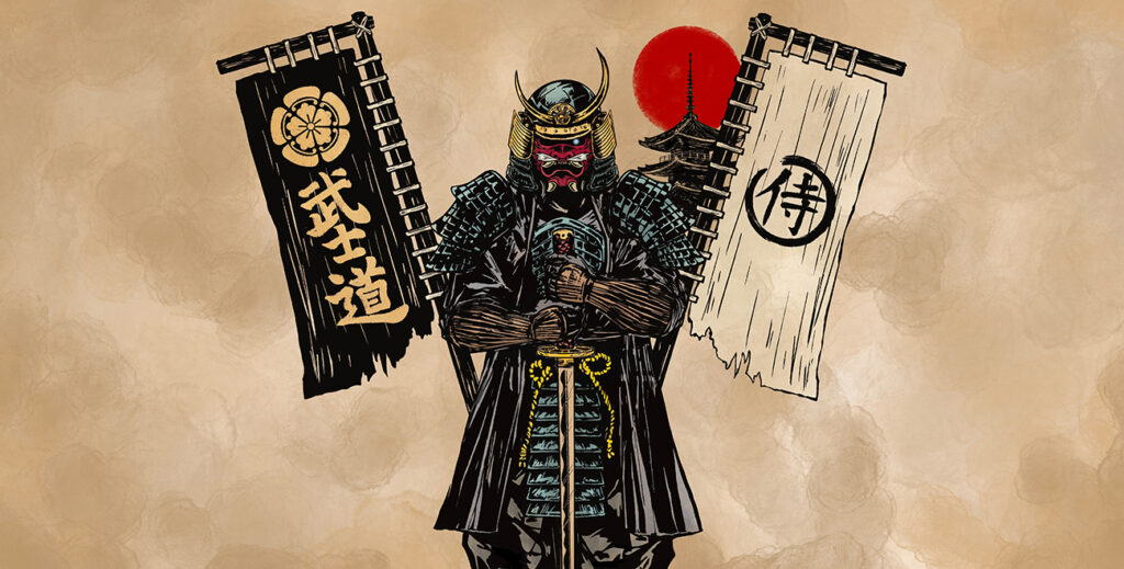Cool Japanese Samurai warrior with demon mask and banners with japanese characters meaning samurai and bushido way of the warrior in old paper background for desk mat