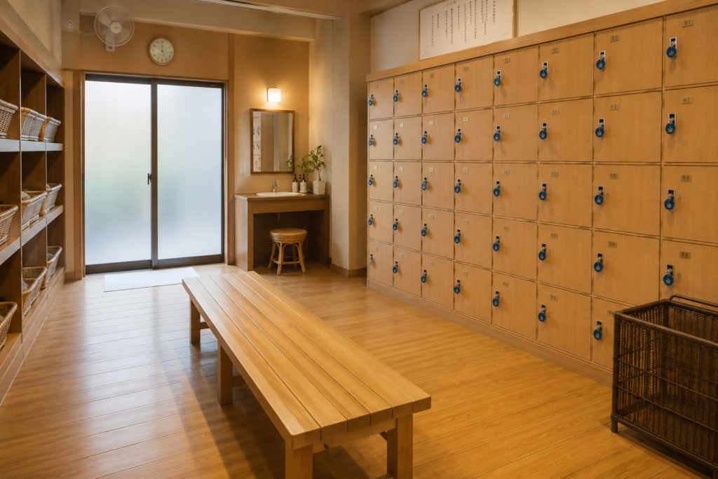 A Japanese-style changing room at an onsen.